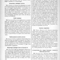 1063 - Page 1032 - Partie scientifique. L’Actualité Scientifique. Les Société Savantes. Lyon. Société nationale de médecine et des Sciences médicales. Mort par hémorragie et perforation d’un ulcère gastrique succédant à un examen radiologique / Commotion médullaire directe / Ulcère peptique / Malformation du rachis cervical / Hémorragie méningée chez un nouveau-né / Un cas de pustule maligne. Tétanos localisé / Société médicale des hôpitaux. Occlusion aortique par immobilisation en diastole des sigmoïdes athéromateuses / Cyanose congénitale / L’interprétation des images lacunaires centrales en radioscopie gastrique
