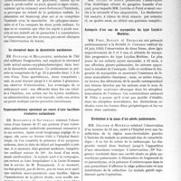 1064 - Page 1033 - Partie scientifique. L’Actualité Scientifique. Les Société Savantes. Lyon. Société médicale des hôpitaux. L’interprétation des images lacunaires centrales en radioscopie gastrique / Le retard provoqué du pouls radial / Le stovarsol dans la dysenterie amibienne / Pyopneumothorax spontané au cours d’une bacillose évolutive unilatérale / Traitement de la gangrène diabétique par la diathermie / Autopsie d’un cas de myopathie du type Leyden-Moebius / Evolution à la peau d’un abcès pulmonaire / Rétrécissement aortique