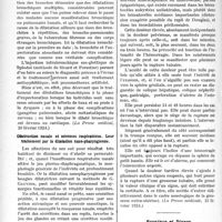 1165 - Page 1130 - Partie scientifique. L'Actualité Scientifique. La Presse. Forme sèche hémoptoïque de la dilatation des bronches [(La Presse médical, 20 février 1924)] / Obstruction nasale et névroses respiratoires. Leur traitement par la dilatation naso-pharyngienne [(La Presse médicale 13 février 1924)] / La douleur tardive élevée dans la grossesse extra-utérine. Un nouveau signe de rupture tubaire [(La Presse médicale, 23 février 1924)] / Province et Divers. Cas de mort à la suite d’injection de lait [(La Clinique ophtalmologique, février 24)]