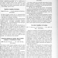 1228 - Page 1191 - Partie scientifique. L’Actualité Scientifique. Les Sociétés Savantes. Paris. Une synthèse chimique cinématographiée, (Académie de médecine, 8-4-1924) / Syphilis et maladies chroniques, (Société médicale des hôpitaux ; 9-2-1924) / L’injection épidurale de lipiodol dans la lombo-sciatique et l’incontinence d’urine, (Soc. méd. des hôp ; 29-2-1924) / Leucémie myéloïde traitée par le thorium X, (Soc. méd. des hôp, 29-2-1924) / Les zones tussigènes de la gorge, (Soc. méd. des hôp. ; 29-2-1924)