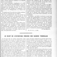1236 - Page 1199 - Partie professionnelle. Travaux Originaux. Déontologie. Exercice illégal de la pharmacie par un médecin. Les échantillons de spécialités. Les ampoules hypodermiques [Dr Paul Boudin] / Au sujet de l’ouverture précoce des saisons thermales