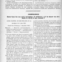 1287 - Page 1250 - Partie professionnelle. Responsabilité professionnelle. La nécessité et l’urgence d’une politique climatique et thermale. Le rapport du Docteur Mazeran, par le Dr Raymond Molinéry / Jurisprudence. Dans tous les cas sans exception, le médecin a-t-il le devoir de dire toute la vérité à son malade ? [Dr Paul Boudin]