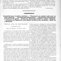 1785 - Page 1733 - Partie Professionnelle. Travaux Originaux. Le tiers payant en médecine sociale [G. Duchesne] / Jurisprudence. Hôspitalisé pour troubles mentaux. — Placement en cabinet isolé puis en salle commune. — Accident par hallucination. — Intervention chirurgicale de l’interne de garde —Action en dommages-intérêts contre l’hospice. — Infraction au règlement, mais défaut de preuve du préjudice. Rejet de la demande [Dr Paul Boudin]