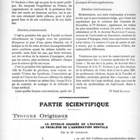 1926 - Page 1872 - Propos pu jour. Les Journées médicales de Toulouse [Dr Paul Boudin] / Partie scientifique. Travaux Originaux. La syphilis ignorée de l’enfance le problème de l’arriération mentale, par le Dr Leredde