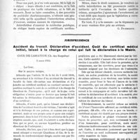 2098 - Page 2044 - Partie professionnelle. Travaux Originaux. Le contrôle professionnel par l’ordre des médecins Quand l’un dit : «Tue ! » l’autre répond : « Assomme ! » / Jurisprudence. Accident du travail. Déclaration d’accident. Coût du certificat médical initial, laissé à la charge de celui qui fait la déclaration à la Mairie [Dr Paul Boudin]