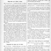2138 - Page 2084 - Partie scientifique. L'Actualité Scientifique. Les Sociétés Savantes. Paris. Méga-oesophage, (Société de chirurgie ; 7-5-1924) / Méga-côlon par sténose rectale, (Société de chirurgie ; 7-5-1924) / Traitement du cancer du col utérin, (Société de chirurgie ; 14-5-1924) / Blessures du pancréas par projectiles de guerre, (Société de chirurgie ; 14-5-1924) / Cancer de la verge traité par la curiethérapie, (Société de chirurgie ; 21-5-1924)