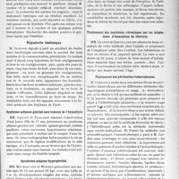 2193 - Page 2139 - Partie scientifique. Les Sociétés Savantes. Lyon. Société médicale des hôpitaux.. Amibiases primitives et secondaires du poumon / Polynévrite émétinique / Syndrome adiposo-génital sans tumeur de l’hypophyse / Syndrome adiposo-hypergénital / Sur quelques cas d’adénite sérique / Traitement des leucémies chroniques par les inhala�tions d’émanation de thorium / Traitement des péritonites tuberculeuses