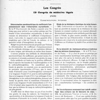 2248 - Page 2194 - Partie scientifique. L’actualité Scientifique. Les Sociétés Savantes. Paris. Sur le traitement des trichophyties suppurées, (Soc. de dermatologie et syphiligraphie ; 10-4-1924) / Les Congrès. IXe Congrès de médecine légale. Détermination spectrométrique du coefficient d’empoisonnement dans l’intoxication oxycarbonée. M. le Pr Balthazard / Etude de la résistance électrique du corps humain, MM. Cordonnier et Champion / De la nécessité du traitement précoce et judicieux dans les névroses traumatiques, M. le Pr H. Claude / Sur les ecchymoses osseuses et leur intérêt médico-légal dans certains cas de blessures du crâne. MM. les professeurs Verger et Lande, et M. Dorolle