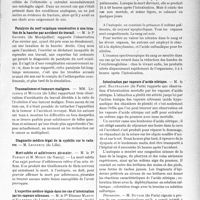 2249 - Page 2195 - Partie scientifique. L’actualité Scientifique. Les Congrès. IXe Congrès de médecine légale. Sur les ecchymoses osseuses et leur intérêt médico-légal dans certains cas de blessures du crâne. MM. les professeurs Verger et Lande, et M. Dorolle / Fractures du crâne et méningites aiguës traumatiques, MM. Dervieux et Piédelièvre / Paralysie du nerf sciatique consécutive à une luxation de la hanche par accident du travail. — M: le P Gaussel / Traumatismes et tumeurs malignes. — MM. Le clercq et Muller / Diagnostic médico-légal de la syphilis sur le cadavre. — M. Leclercq / Mort subite et adhérences pleurales. — M. le Pr Parisot et M. Morin / L’expertise médico-légale dans les cas d’intoxication par les vapeurs nitreuses. — M. le Pr Etienne Martin et Valendru / Intoxication par vapeurs d’acide nitrique. — M. le prof Balthazard / L’examen médical des chauffeurs d’automobile. — MM. Briand et Fribourg-Blanc