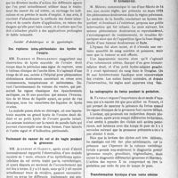 2355 - Page 2299 - Partie scientifique. L’Actualité Scientifique. Les Sociétés Savantes. Toulouse. Société de médecine. Note sur l’influence des radiations sur le développement de l’oeuf / Remarques sur la technique du traitement du cancer utérin par les radiations / Société d’obstétrique et de gynécologie. Des ruptures intra-péritonéales des kystes de l’ovaire / Traitement du cancer du col et du vagin pendant la grossesse / Hematocolpos, hématométrie, hématosalpinx et hématocèle / La radiographie du foetus pendant la gestation / Transformation kystique d'une corne utérine