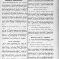 2413 - Page 2357 - Partie scientifique. L’Actualité Scientifique. Les Sociétés Savantes. Lyon. Société nationale de médecine et des sciences médicales. Anorexie mentale simulant un cancer et terminée par la mort / Traitement des fibromyomes utérins / Cancer du sein apparu sur cicatrice due à un cautère / Pleurésie pulsatile droite / Radiographie de grossesse / Corps étranger du maxillaire supérieur / Fibromyome traité par la radiothérapie / Pneumaturie chez un calculeux prostatique / Hypertrophie amygdalienne traitée par la radiothérapie