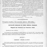 2425 - Page 2369 - Partie professionnelle. Travaux Originaux. A propos des dispensaires antituberculeux [Dr Paul Boudin] / Comptes rendus, documents, pièces officielles…. Mutualité familiale du corps médical français. Rapport du Trésorier sur l’exercice 1923. Indemnité Maladie-accident