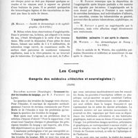2470 - Page 2414 - Partie scientifique. L'actualité Scientifique. Les Sociétés Savantes. Paris. Appareil pour douche filiforme, (Société dermatologique de Nancy ; 5-4-1924) / L’angiolupoïde, (Société de dermatologie et de syphili- graphie ; 12-6-1924) / Syphilides palmaires 34 ans après le chancre, (Soc. dermatologique de Nancy ; 5-4-1924) / Les Congrès. Congrès des médecins aliénistes et neurologistes. Comment étudier les troubles du langage, par M. J. Froment