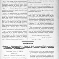 2531 - Page 2473 - Partie Professionnelle. Travaux Originaux. Le médecin de famille, le dispensaire et le malade. Dans les dispensaires. Ce j’ai vu. Etude synthétique de l'armement antivénérien actuel / Jurisprudence. Médecin. — Responsabilité. - Faute de droit commun et faute médicale. — Procédés de contrôle. — Radiographie. — Défaut d’emploi. — Manque de prudence. — Condamnation [Dr Paul Boudin]