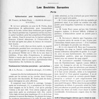 2578 - Page 2516 - Partie Scientifique. L'Actualité Scientifique. La Presse. Réactions sériques de la plèvre [(Gaz. des Sc. méd. de Bordeaux, 14 septembre 1924)] / Les Sociétés Savantes. Paris. Splénectomies pour traumatismes, (Société de chirurgie ; 11-6-1924) / Traitement de l’infection puerpérale " post abortum ", (Société de chirurgie ; 11-6-1924) / Arrêt d’hémorrhagies utérines par le citrate de soude, (Société de chirurgie ; 11-6-1924)