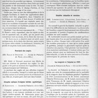 2633 - Page 2569 - Partie Scientifique. L’Actualité Scientifique. Les Savantes. Paris. Les rayons ultra-violets guérissent-ils l’alopécie ?, (Société de dermat. et de syphiligr ; 12-6-1924) / Psoriasis des ongles, (Société de Pédiatrie de Paris ; 15-4-1924) / Atrophie optique d’origine hérédo-syphilitique, (Société de Pédiatrie ; 15-4-1924) / La bouillie épaisse contre les vomissements des nourrissons, (Société de pédiatrie ; 15-5-1924) / Diabète infantile et insuline, (Société de Pédiatrie ; 15-5-1924) / La rougeole à l’hôpital en 1923, (Société de Pédiatrie de Paris – 15-4 et 20-5-1924)