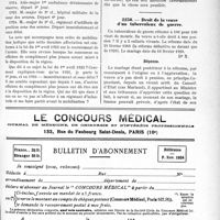 2709 - Page XXXV-2645 - Mutualité Familiale et Professionnelle du Corps Médical Français, Indemnités maladies accidents — Retraites — Pensions aux veuves. Affectation militaire en cas de mobilisation / Droit de la veuve d’un tuberculeux de guerre / Le Concours Médical. Bulletin d’abonnement