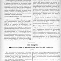 2744 - Page 2680 - Partie Scientifique. L'Actualité Scientifique. Les Sociétés Savantes. Lyon. Société médicale des hôpitaux. Purpura fulminans. Méningococcémie. Lésions hémorrhagiques des capsules surrénales / Cancer double des surrénales avec métastases multiples / Epilepsie et castration / Cancer bilatéral des glandes surrénales / Epilepsie de type jacksonien dans l’urémie convulsive / Les Congrès. XXXIIIe Congrès de l’Association française de chirurgie, (Suite) [Chastenet de Géry et Dariau]