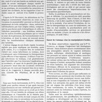 3025 - Page 2951 - Partie scientifique. L’Actualité Scientifique. La Presse. L’apparition et la progression du saturnisme professionnel [(La Presse médicale, 6 septembre 1924)] / Les troubles psychiques au cours de la puerpéralité [(Gazette des Hôpitaux, 26 et 28 août 1924)] / La psychanalyse [(Journ. de médecine et de chirur. pratiques, 10 août 1924)] / Cancer de l’estomac chez les manipulateurs d’acides [(Le Bulletin médical, 13-16 août 1924)]
