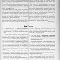3085 - Page 3009 - Partie scientifique. L’Actualité Scientifique. Les Congrès. XXXIIIe Congrès de l’Association française de chirurgie, (suite) / Les Thèses. De la démence précoce consécutive au mal comitial, par Dr Jules Thomas, (« L’Expansion scientifique française », Paris, 1923) / Contribution à l’étude de la tyrosino-réaction dans la tuberculose pulmonaire, par Dr Jean Trotot, (Les Presses Universitaires de France, 1923)