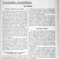 2924 - Page 2755 - Partie scientifique. Cliniques et cours. Le chancre céphalique, M. le professeur Jeanselme / L'Actualité Scientifique. La Presse. Neurinome solitaire du tube digestif [(Strasbourg médical, 20 avril 1926)] / L’électrocardiographie dans le diagnostic et le pronostic des syncopes [(La Presse médicale, 20 mars 1926)] / Gardénalisme subaigu [(Liège médical, 4 avril 1926)]