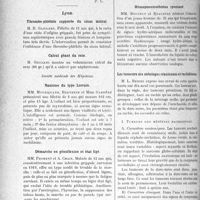 3313 - Page 3130 - Partie scientifique. L'Actualité Scientifique. Les Sociétés Savantes. Paris. Diphtérie généralisée, (Soc. de médecine de Paris ; 11-6-1926) / Lyon. Thrombo-phlébite suppurée du sinus latéral / Calcul géant du rein / Société médicale des Hôpitaux. Nanisme du type Lorrain / Démarche en génuflexion et état figé / Otospongiose et métabolisme basal / Hémopneumothorax spontané / Les tumeurs des méninges craniennes et rachidiennes