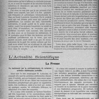 0025 - Page 22 - Partie scientifique. Travaux Originaux. Clinique médicale. Leçon inaugurale du Pr AnDr. é Lemierre à la faculté de médecine de Paris, (Chaire de bactériologie), par Dartigues / L’Actualité Scientifique. La Presse. Du traitement par la surrénalectomie de certaines artérites oblitérantes juvéniles [(Le Progrès médical, 29 mai 1926)]