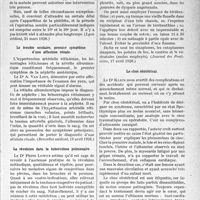 0094 - Page 83 - Partie scientifique. L’Actualité Scientifique. La Presse. Sur les indications opératoires dans les fibromes compliqués de phlébite des membres inférieurs [(Lyon médical, 21 mars 1926)] / Le trouble oculaire, premier symptôme d’une affection rénale [(Bruxelles médical, 18 avril 1926)] / La révulsion dans la tuberculose pulmonaire [(Journal des Praticiens, 17 avril 1926)] / Le choc obstétrical [(Journ. des sciences médicales ‘ de Lille, 18 avril 1926)]
