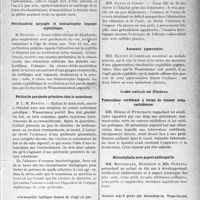 0098 - Page 87 - Partie scientifique. L’Actualité Scientifique. Les Sociétés Savantes. Lyon. Société nationale de médecine et des sciences médicales. Deux cas de trochantérite tuberculeuse chez l’enfant / Péri chondrite laryngée et hémiatrophie linguale syphilitique / Péritonite purulente primitive chez le nourrisson / Ostéomyélite typhique datant de vingt-six ans / Tuberculose rénale à forme de néphrite hématurique / Anomalie pigmentaire / Société médicale des Hôpitaux. Tuberculose vertébrale à forme de tumeur intra- rachidienne / Microcéphalie avec aspect anthropoïde / Anémie aiguë grave par hématémèse. Transfusion
