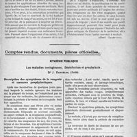 0116 - Page 103 - Partie professionnelle. Travaux Originaux. Variétés. De l’origine médicale des cérémonies où fut répandu le sang humain / Comptes rendus, documents, pièces officielles.... Hygiène publique. Les maladies contagieuses. Désinfection et prophylaxie, Dr. J. Dargelos, (Suite). Description des symptômes de la rougeole et mesures prophylactiques