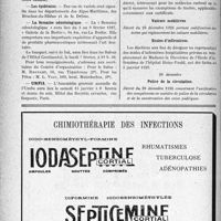 0141 - Page 124-VIII - Dernières nouvelles. Responsabilité médicale / Les épidémies / La Semaine odontologique / UMFIA / A travers l’officiel. Droits de timbre / Valeurs mobilières / Ecoles d’infirmières / Police de la circulation