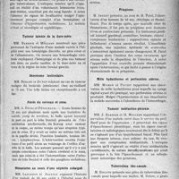 0304 - Page 269 - Partie scientifique. L’actualité Scientifique. Les Sociétés Savantes. Lyon. Société nationale de médecine et des sciences médicales. Arthrodèse sous-astragalienne pour pied plat / Hématome spontané intra-dure-mérien / Tumeur latente de la dure-mère / Séminome testiculaire / Abcès du cerveau et zona / Hématuries au cours d’une néphrite subaiguë / Rétention d’urine et grossesse extra-utérine / Priapisme / Môle hydatiforme et perforation utérine / Tumeur médiastino-pleurale / Tuberculose iléo-caecale / Lithiase rénale. Abcès périnéphrétique