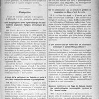 0448 - Page 395 - Partie scientifique. L’Actualité Scientifique. Les Sociétés Savantes. Paris. Corps étrangers multiples de l’estomac, (Soc. des chirurgiens de Paris ; 15-10-1926) / Montpellier. Société des Sciences médicales et biologiques de Montpellier et du Languedoc méditerranéen. Crises d’angiospasme avec érythromélalgie et manifestations angineuses d’origine névraxitique probable / A propos de la pathogénie des hanches en porte à faux. Deux observations de coxa valga congénitale / Sur les phénomènes qui se produisent pendant la coagulation du blanc d’oeuf de poule / A quel moment doit-on tenter chez un tuberculeux, pulmonaire le pneumothorax artificiel ? / Quelques expériences sur l’eau de boisson épurée par autojavellisation imperceptible (système de Ph. Bunau-Varilla)