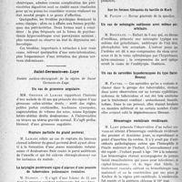 0449 - Page 396 - Partie scientifique. L’Actualité Scientifique. Les Sociétés Savantes. Montpellier. Société des Sciences médicales et biologiques de Montpellier et du Languedoc méditerranéen. Quelques expériences sur l’eau de boisson épurée par autojavellisation imperceptible (système de Ph. Bunau-Varilla) / Les formes psychiques des périviscérites digestives / Saint-Germain-en-Laye. Société médico-chirurgicale de la région de Saint- Germain-en-Laye. Un cas de grossesse angulaire / Rupture partielle du grand pectoral / La laryngite postérieure signe d’alarme d’une poussée de tuberculose pulmonaire évolutive / Sur les formes filtrantes du bacille de Koch