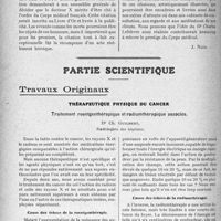 0497 - Page 438 - Propos du jour. Les victimes du Devoir Professionnel. Un projet de Livre d’Or [J. Noir] / Partie scientifique. Travaux Originaux. Thérapeutique physique du cancer. Traitement roentgenthérapique et radiumthérapique associés, Dr. Ch. Guilbert