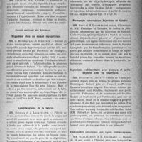 0514 - Page 455 - Partie scientifique. L'Actualité Scientifique. Les Sociétés savantes. Lyon. Société nationale de médecine et des sciences médicales. Diabète et hypertrophie prostatique / Cancer gastrique à forme de linite / Société médicale des hôpitaux. Mégacôlon chez un enfant myopathique / Lymphangiome de la langue / Méningites à méningocoques et pneumocoques. Essai de traitement par l’optochine / Péricardite tuberculeuse. Injections de lipiodol / Septicémie coli-bacillaire avec purpura et pyélonéphrite chez un nourrisson / Endocardite infectieuse sans signes sthétoscopiques