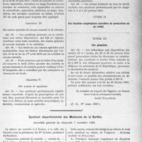 0986 - Page 841 - Partie professionnelle. Comptes rendus, documents, pièces officielles. Chronique syndicale. La loi sur les Syndicats est introduite dans le Code du Travail / Syndicat départemental des Médecins de la Sarthe, Assemblée générale du dimanche 7 novembre 1926