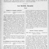 1035 - Page 882 - Partie scientifique. L’actualité Scientifique. La Presse. Thrombose des artères périphériques au cours de la pneumonie [(Gazette des hôpitaux, 28 août 1926)] / Les Sociétés Savantes. Paris. Etiologie de la gangrène pulmonaire, (Académie de médecine ; 22-2- 1927) / Les indications de la cure de Vichy dans le diabète, (Académie de médecine ; 22-2- 1927) / Bronchite chronique syphilitique, (Académie de médecine ; 1-3-1927)
