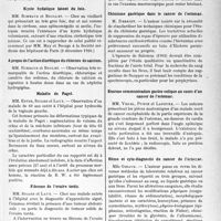 1038 - Page 885 - Partie scientifique. L’actualité Scientifique. Les Sociétés Savantes. Montpellier. Société des sciences médicales et biologiques de Montpellier et du Languedoc méditerranéen. Le pansement actino-marin et le traitement des adénites bacillaires avec lésions cutanées / Kyste hydatique latent du foie / A propos de l’action diurétique du chlorure de calcium / Maladie de Paget / Fibrome de l’ovaire tordu / Le diagnostic clinique précoce du cancer de l’estomac / Chimisme gastrique dans le cancer de l’estomac / Enorme communication gastro-colique au cours d’un cancer de l’estomac / Hémo et cyto-diagnostic du cancer de l’estomac