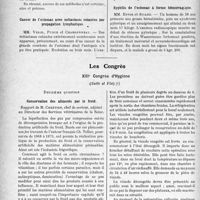 1039 - Page 886 - Partie scientifique. L’actualité Scientifique. Les Sociétés Savantes. Montpellier. Société des sciences médicales et biologiques de Montpellier et du Languedoc méditerranéen. Hémo et cyto-diagnostic du cancer de l’estomac / Cancer de l’estomac avec métastases cutanées par propagation lymphatique / Syphilis de l’estomac à forme hémorragique / Les Congrès. XIIIe Congrès d’Hygiène, (Suite et Fin). Conservation des aliments par le froid