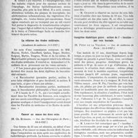1181 - Page 1000 - Partie scientifique. L’Actualité Scientifique. Les Sociétés Savantes. Paris. Le cancer de l’oesophage au début, (Académie de médecine ; 8-3-1927) / La réforme des études médicales, (. Académie de médecine ; 8-3-1927) / Cancer en masse des deux seins, (Soc. des Chirurgiens de Paris ; 18-2-1927) / Gangrène diabétique grave : action de l’ « insuline » par voie buccale, (Soc. de médecine de Paris ; 11-2-1927)