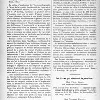 1283 - Page 1072 - Partie scientifique. L’Actualité Scientifique. Les Thèses. Importance du synDr. ome vagotonique dans l’infection tuberculeuse pulmonaire et médication belladonée, Dr. Maestracci (Thèse de doctorat, 1926) / L’électrocardiographie et son application à l’étude de l’insuffisance cardiaque, Dr. Deglaude, (Le François, édit, Paris, 1926) / Contribution à l’étude de la belladone et en particulier de ses alcaloïdes totaux (bellafoline) dans les états parkinsoniens, Dr. H. Bourgeot (Thèse de 1926) / Les livres qui viennent de paraître...