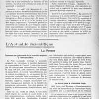 1340 - Page 1123 - Partie scientifique. Travaux Originaux. Gynécologie et obstétrique. Fibromes utérins, grossesse et phlébite des membres inférieurs. Opération césarienne à terme, hystérectomie abdominale, subtotaie. Guérison, par le docteur Ch. Faguet / L'Actualité Scientifique. La Presse. Traitement par l’aDrénaline de la bronchite sanglante à fuso-spirochètes [(Gazette hebd. des Sc. médicales de Bordeaux, 31 octobre 1926)] / La douleur dans la tuberculose rénale [(Le Languedoc médical, 10 novembre 1926)]