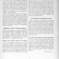 1422 - Page 1197 - Partie scientifique. L’Actualité Scientifique. Les Sociétés Savantes. Toulouse. Société d’obstétrique et de gynécologie. Taenia et métrorragies / Compression systématique de l’aorte dans la césarienne classique / Pyélonéphrite associée à l’infection puerpérale / Grossesse après annexite traitée par le propidon / Reins polykystiques et toxémie gravidique / Sept observations de présentation du front / Utérus bicorne, présentation de l’épaule, embryotomie
