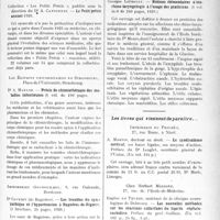 1430 - Page 1203 - Partie scientifique. L’Actualité Scientifique. Les Livres. L’examen du malade en clientèle, O. Dousset, Norbert Maloine, éditeur, Paris, 6e / Le Petit précis annuel 1926, Norbert Maloine, éditeur, Paris, 6e / Précis de chimiothérapie des maladies infectieuses, Dr. A. Marxer, Les Éditions universitaires de Strasbourg / Les troubles du sympathique et l’hypertension à Bagnères-de-Bigorre, Dr. Courbin, Imprimeries Gounouilhou, Bordeaux, 1926 / Notions élémentaires d’oto- rhino-laryngologie à l’usage des praticiens, Georges Liébault, Gaston Doin et Cie, éditeurs, Paris / Les livres qui viennent de paraître...