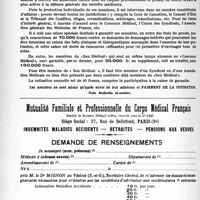 1511 - Page XXXVIII - Le sou médical. Ligue de Protection et de Défense Professionnelles / Mutualité Familiale et Professionnelle du Corps Médical Français. Indemnités maladies accidents — retraites — pensions aux veuves. Demande de renseignements