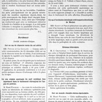 1556 - Page 1317 - Partie scientifique. L'actualité scientifique. Les Sociétés Savantes. Paris. La méthode de Bourguignon dans la contracture douloureuse des hémiplégiques, (Soc. d’électroth. et de radiol. ; 12-1926) / Bordeaux. Société anatomo-clinique. Sur un cas de chancres mous du col utérin / Sur une origine anormale du nerf vertébral. Son importance dans le traitement chirurgical de l’angine de poitrine / Un cas d’ocelusion intestinale intéressant le diverticule de Meckel / Estomac biloculaire / Sur un muscle chon Dr. o-sterno-claviculaire