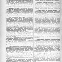 1727 - Page 1470 - Partie professionnelle. Reportage professionnel. Nouvelles et Informations. Congrès international des accidents du travail / Centenaire de Volta / Pour combattre la lèpre à Paris / Congrès international d’oto-rhino-laryngologie / Statistique médicale américaine / Syndicat général des biologistes français / Congrès annuel de la Société française d’oto-rhino-laryngologie / La pléthore médicale en Angleterre