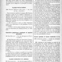 1767 - Page 1504 - Partie scientifique. L'Actualité Scientifique. Les Sociétés Savantes. Paris. La toux cardiaque, (Soc. méd. des hôp. ; 18-2-1927) / La grippe chez les vieillards, (Soc. méd. des hôp. ; 25-2-1927) / Appendicite gangréneuse compliquée de gangrène généralisée, (Soc. des chirurgiens de Paris ; 1-4-1927) / Luxation irréductible de la mâchoire, (Soc. des chirurgiens de Paris ; 1-4-1927) / Corps étrangers extraits de l’oesophage et des bronches par oesophago-bronchoscopie, (Soc. des chirurgiens de Paris ; 4-3-1927) / Cancers opérables et cancers inopérables du sein, (Société des chirurgiens de Paris ; 1-4-1927)