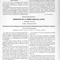 1770 - Page 1507 - Partie scientifique. L'Actualité Scientifique. Les Sociétés Savantes. Toulouse. Société de médecine, chirurgie et pharmacie. Volumineux épithélioma du sein ayant présenté les signes cliniques du sarcome / Abcès ovariens / Fédération de la presse médicale latine. Unification de la terminologie, du classement et de la bibliographie dans la littérature médicale
